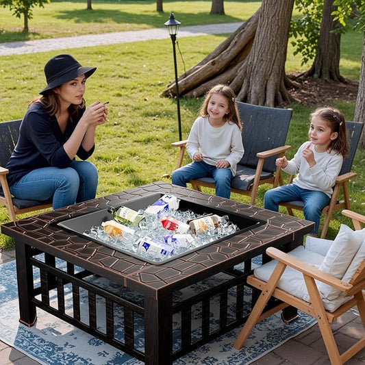 Greesum Multifunctional Patio Fire Pit Table, 32in Square Metal BBQ Firepit Stove Backyard Garden Fireplace with Spark Screen Lid and Rain Cover for Camping, Bonfire and Picnic, Reddish Brown