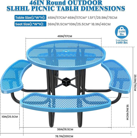 46" Round Top Outdoor Picnic Table Set for Up to 8 Persons, Outside Table Set with 4 Built-in Benches, Metal Commercial-Grade Dining Furniture with Umbrella Hole for Garden, Backyard, Porch, Blue