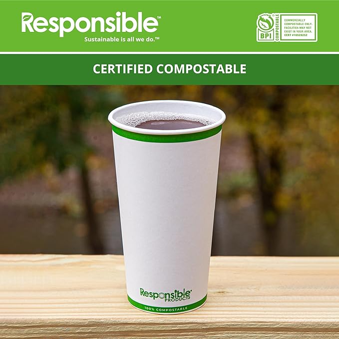 Responsible Products Certified Compostable 20 oz Paper Cups, Cold & Hot Coffee Cups, Disposable Paper Cups, Extra Strength Disposable Cups, Made without PFAS (50 count)