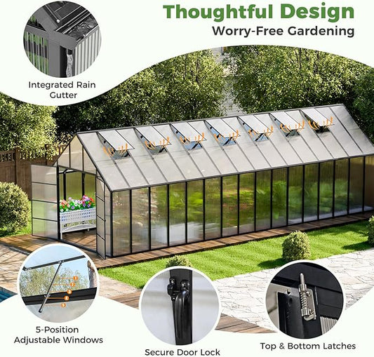 32x10x10 FT Outdoor Greenhouse, Easy Assembly Large Thicker Aluminum Polycarbonate Kit, 7 Vent Windows, Walk-in, for Outside, Sunroom, Patio, Backyard