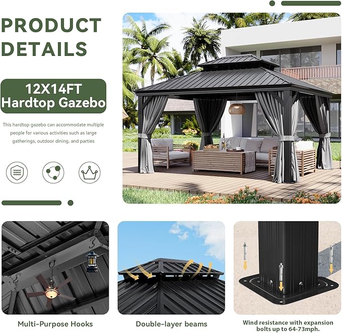 Aoxun 12' X 14' Hardtop Gazebo with Drainage System, Aluminum Outdoor Gazebo with Galvanized Steel Double Roof, Patio Permanent Metal Pavilion with Curtain and Netting, for Backyard, Deck, Grey