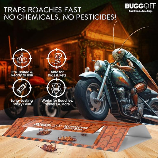 BUGGOFF - Roach House Trap 40 Pack, Baited Glue Traps, Cockroach Killer Indoor & Outdoor, Great for Home, Office, Warehouse & More! Sticky Pest Control Trap
