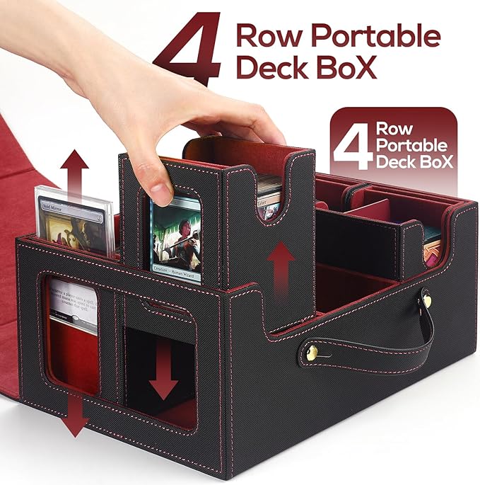 Trading Card Storage Box for MTG, MTG commander deck box,Multi-purpose Deck Case for MTG TCG Sports Card, 4 Toploaders, 4 Stoppers, 4 Colorful Dividers (Black & Red)