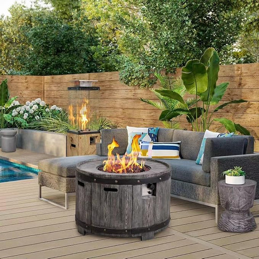 Afterglow Outdoor 36" Round TerraFdab Propane Fire Pit Table for Outside Patio Backyard Garden, Firepit Table with Weather Cover and Lava Rocks(Gas Tank not Included),50000 BTU, Wood Look(Grey)