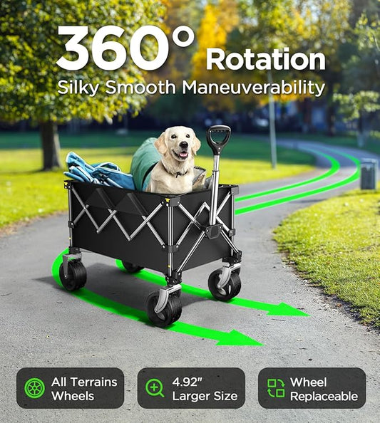 Collapsible Folding Wagon Cart with Large Wheels & 150L Capacity | Heavy-Duty Foldable Utility Wagon for Groceries, Camping, Beach, Sports & Garden Use | Compact Storage, No-Tool Setup-Black
