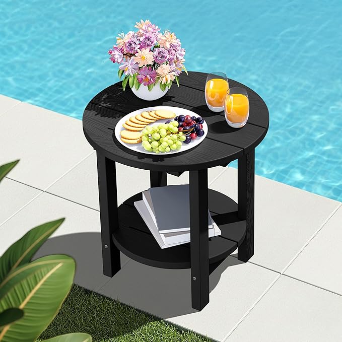 SERWALL Round Outdoor Side Table Set of 4, HDPE Small Adirondack Double End Table, Black