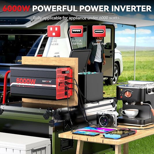 6000W Power Inverter 12V DC to 120V AC Converter for Truck, Home, RV, Peak 12000W Off-Grid Solar Power Inverter with 4 AC Outlets, USB Port,Type-C Port, Remote Controller with LCD Screen