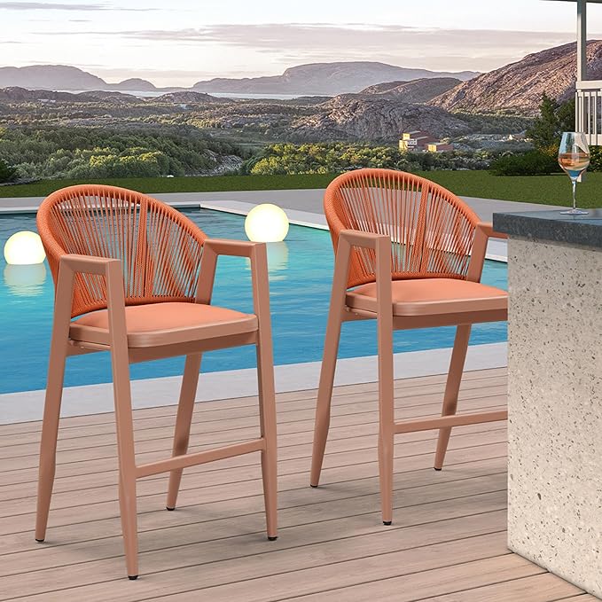 PURPLE LEAF Outdoor Bar Stools Set of 2 Wicker Bar Stools Woven Bar Height Stool Bar Chairs Aluminum Barstool for Patio Kitchen Island Lawn Orange