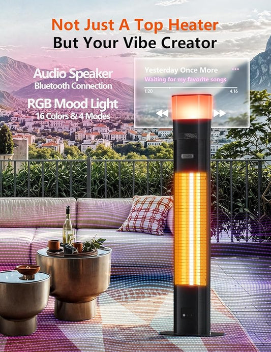 Outdoor Electric Patio Heater, Built-in Speaker & RGB Mood Light, 43 inch, 1500W Infrared Tower Heater with 5-Heat Levels, IP65 Waterproof, 24H Timer, Aluminum Unibody, For Garage, Bedroom, Deck Use
