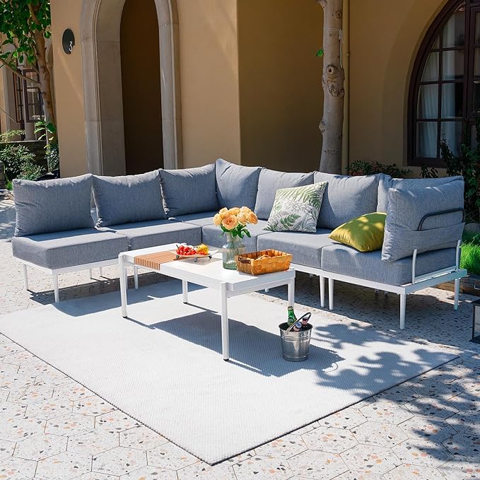 Sundale Outdoor 7 Pieces Metal Patio Furniture Set, Outdoor Sectional Sofa w/6 Inch Olefin Cushion and Coffee Table, Modern Outdoor Conversation Sets (6 Seats, White Frame)
