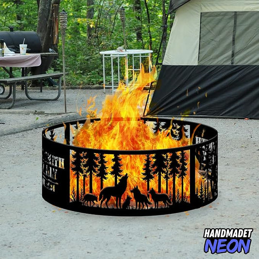Personalized Fire Pit Ring 360 Degree, Outdoor Fireplace, Custom Text Fire Pits for Outside, Patio Firepit, Camping Bonfire Firepits, Garden BBQ Backyard Decor (Wolf)