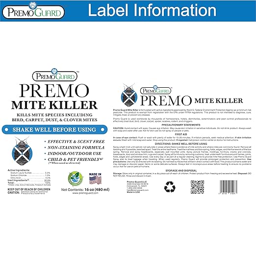 Premo Guard Natural Mite Spray – 16 oz Bottle – Plant Based Treatment for Dust, Spider, Carpet, Bird, Rat Mites – Safe for Families, Pet, Home, Bedding & Furniture When Used As Directed