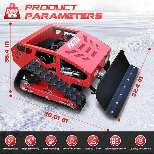 9HP Gas-Electric Hybrid Remote Control Lawn Mower with Snow Plow, 4WD Crawler, Electric Start, 45° Slope Climbing, All-Season Use