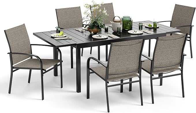 7 Pieces Patio Table and Chairs Set, Patio Dining Set for 6, 6 Textilene Chairs and 1 Expandable Rectangle Table with Umbrella Hole, for Deck Backyard Lawn Poolside, Brown