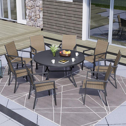 Outdoor Patio Round Dining Table, 58"x 58" Metal Slatted Round Tabletop with Adjustable Umbrella Hole for Deck Lawn Garden Backyard Balcony Deck, Black