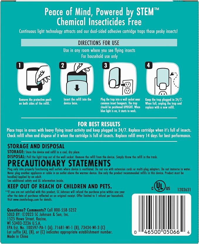 STEM Insect Trap - Indoor Fruit Fly & Gnat Pest Control for House, Home and Kitchen, Attracts & Traps Flying Bugs, Soft Blue Light - Includes 2 Plug-In Devices & 2 Cartridges