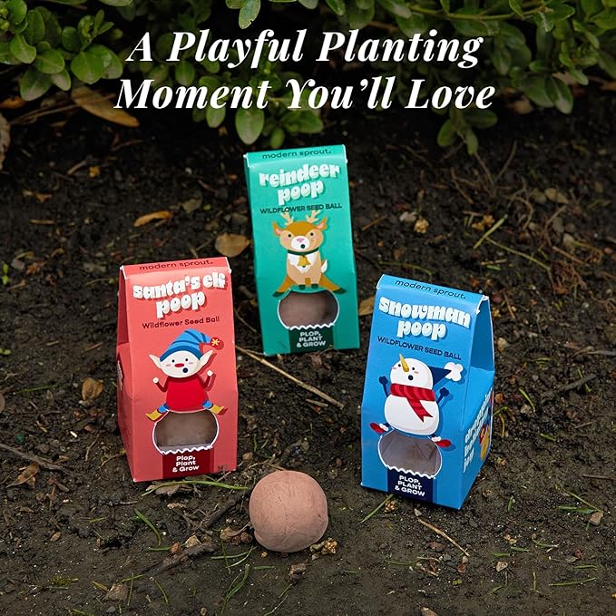 Modern Sprout Wildflower Seed Ball Poop - Christmas Gift - Non-GMO, Hand-Rolled Clay Seed Bombs with Wildflower Seeds - Plop Plant & Grow Gardening Gift Set for Kids & Adults (Jingle Plop - Pack of 3)