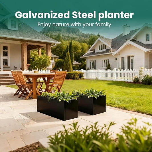 Metal Rectangular Planter Black Galvanized Steel Rectangle Indoor Planter Box Large Outdoor Planters Steel 25" L x 11" W x 13" H Commercial Residential for Patio, Yard, Garden
