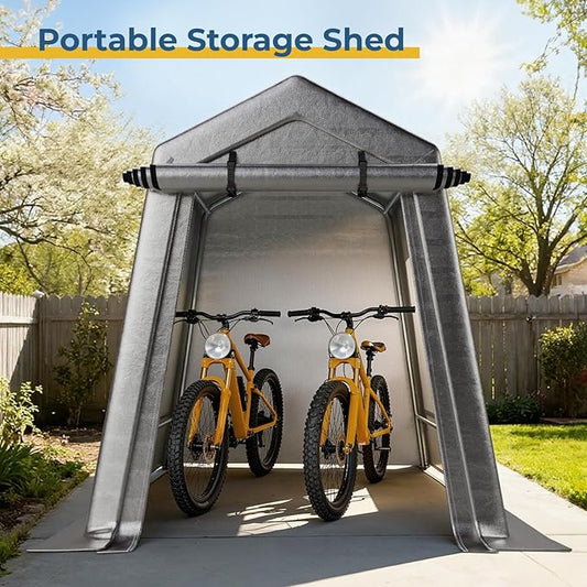 6 x 6 FT Carport, Portable Shed w/220G Heavy Duty Waterproof PE Tarp, Roll-up Zipper Door & Vent, Weather-Resistant Storage Shed for Motorcycle, Bike and Tools, Gray