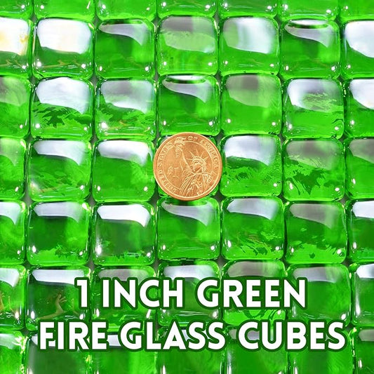 GasSaf Green Fire Glass Cubes for Outdoor Fire Pit, Fireplace, Replaces Existing Gas Logs & Lava Rocks, 1 Inch Glass(10 Pound)(Green Luster)