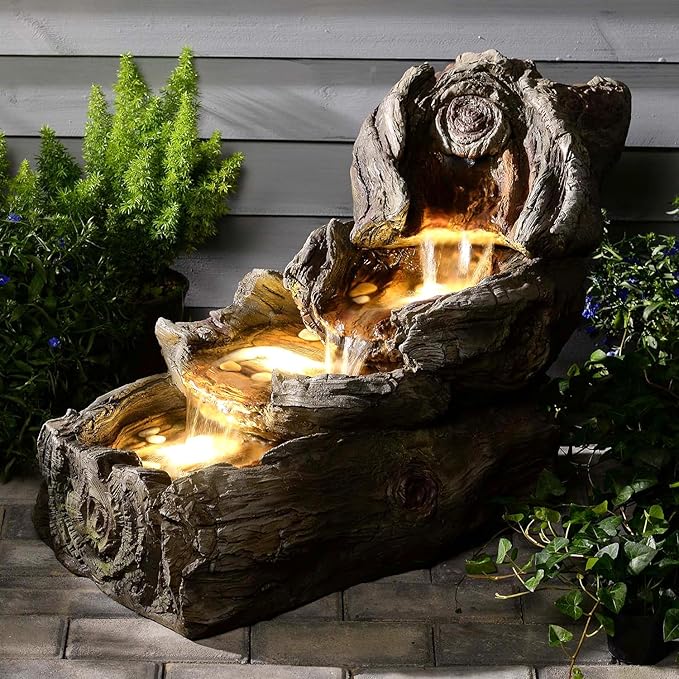 31.5" L Garden Water Fountain Indoor/Outdoor, Artifical Imitation Wood Outdoor Water Fountain Natural Waterfall with LED Lights for Patio,Porch,Backyard,Home Art Decor Big Clearance