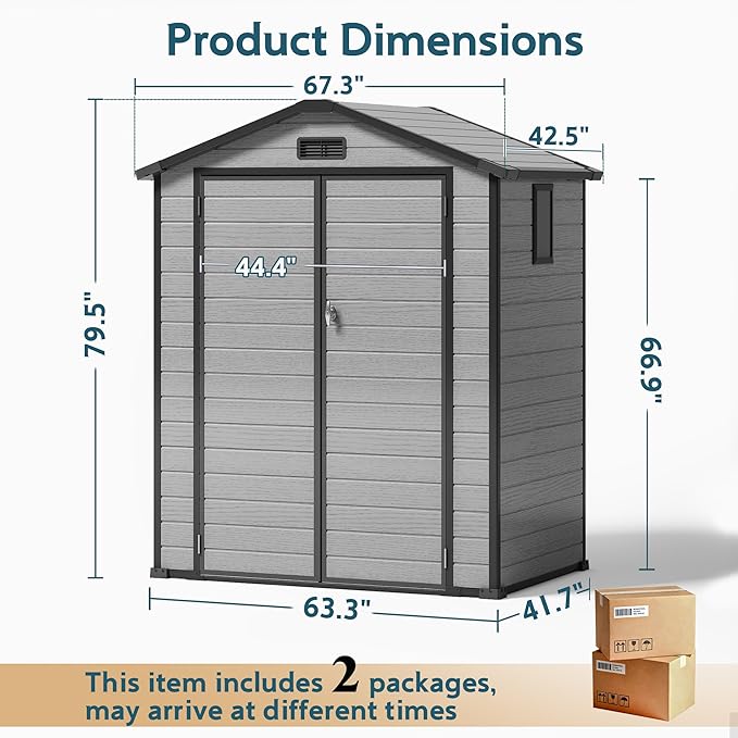 6X4 FT Outdoor Storage Shed, Resin Storage Shed with Floor & Drainage Channel for Bikes, Furniture, Gardening Tools, Plastic Sheds with Lockable Double Door Suitable for Backyard, Patio, Lawn