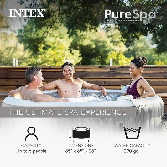 INTEX 28441EH PureSpa Greywood Deluxe Spa Set: Includes Energy Efficient Spa Cover - 170 Bubble Jets - Round Design - 6 Person Capacity - 85" x 28"