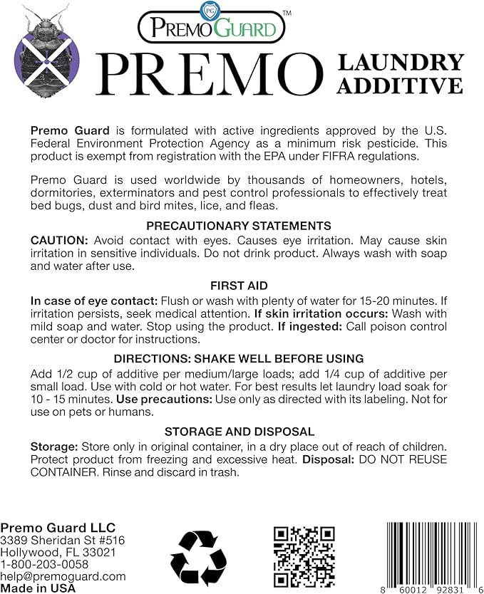 Premo Guard Bed Bug, Mite & Lice Laundry Detergent Additive 64 oz – Child & Pet Friendly – Stain & Odor Free – Best Natural Non-Toxin Treatment