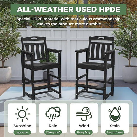 HDPE Outdoor Patio Tall Adirondack Bar Chairs Set of 2, All-Weather Bar Height Balcony Adirondack Stools for Bistro, Garden, Backyard, Pool, Deck | Matte Black