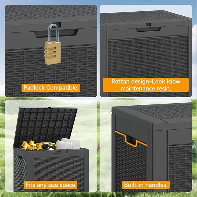 NUNU LAB 35 Gallon Outdoor Storage Box Waterproof, Outside Package Delivery Deck Boxes with Lockable Lid, Backyard Storage Bin For Garden Tools, Patio Cushions, Pool Accessories, Black