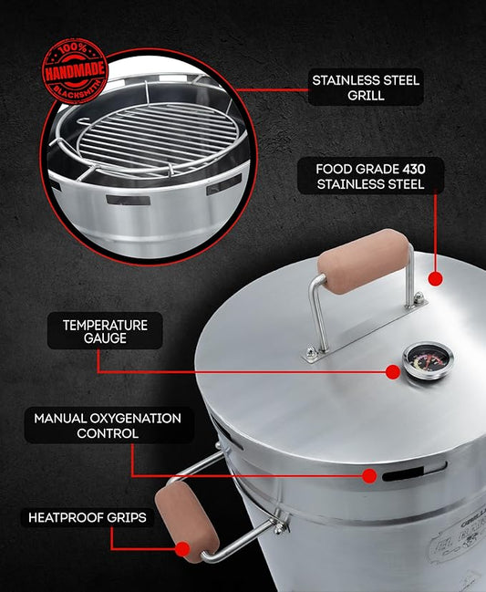 El Barril Lite Medium Barrel Smoker Grill, Stainless Steel 430, Meat Hooks, Upper Grill and Handler, Portable Charcoal BBQ (Lite 60LBS Extra Large)