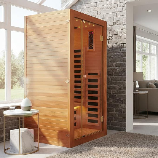 Far Infrared Sauna Room for Home, 7 Heating Panels, 1350W AC120V, Premium Okoume Wood, Bluetooth Speaker & Colorful Starry Sky Lights, 17.3" Seat Height, Easy Assembly - 35.4"x35.4"x70.9"