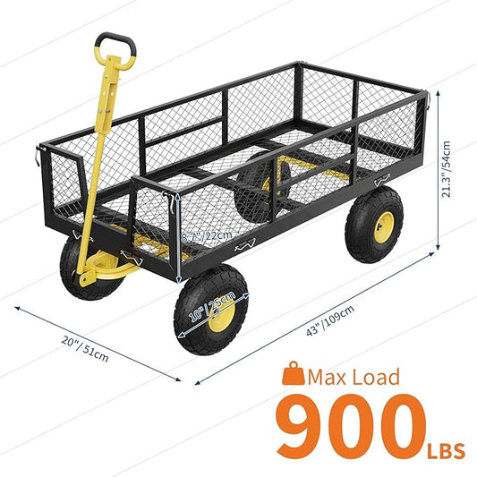 900 LBS Garden Cart on Wheels with Adjustable Handles, Heavy Duty Steel Garden Wagon with Removable Mesh Sides to Convert into Flatbed, Wagon Cart for Lawn Farm Yard, Black