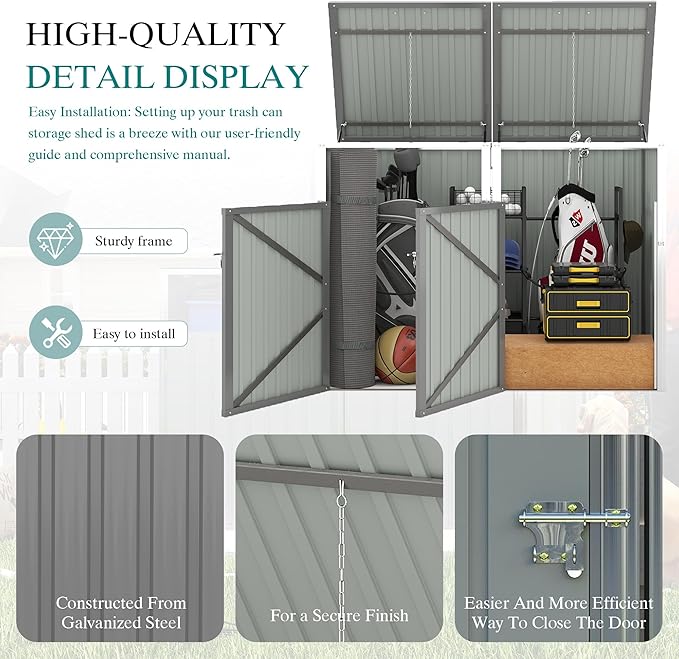 Outdoor Storage Shed Metal Trash Can Storage,54 Cu.Ft Garbage Can Storage Shed W/Lid Chain,Hydraulic Mechanism & Pneumatic Spring Support Rods,for 2 Trash Bins,Bike,Garden Tools,Light Gray