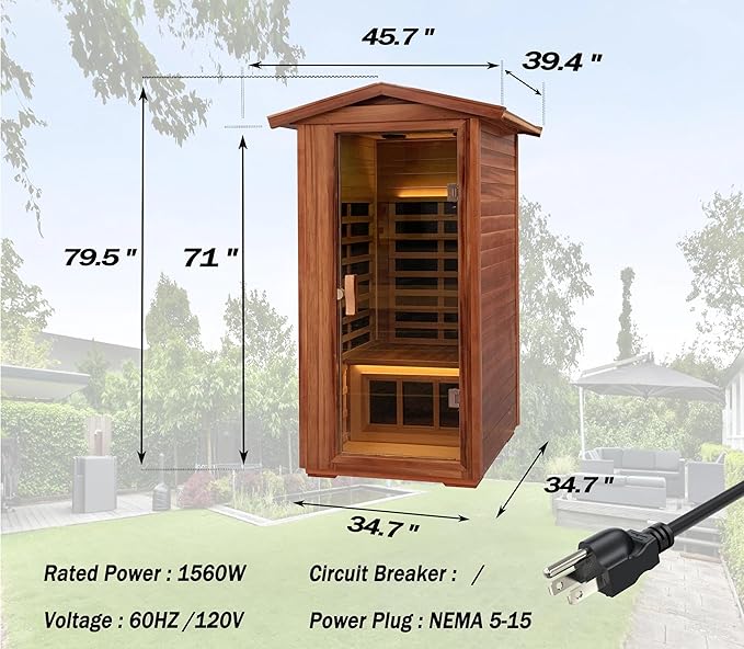 LTCCDSS Mahogany Outdoor Sauna 1 Person, Ultra-Low EMF Far Infrared Sauna for Home, Chromotherapy, Bluetooth Speaker