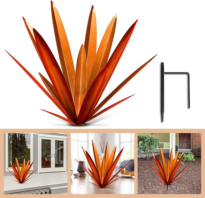 Homight Large Agave Sculpture Rustic Metal Agave Plant Outdoor Interior Decoration Outdoor Lawn Decoration Yard Wooden Posts Matching Garden Suitable for Patio