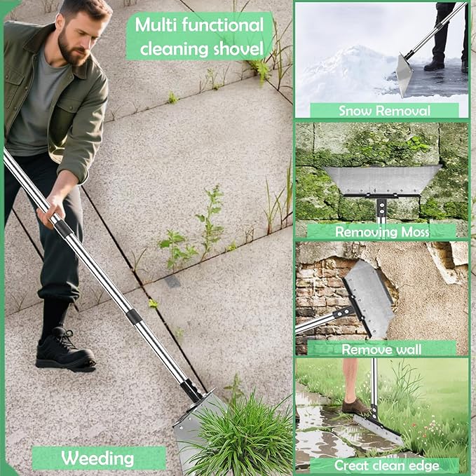 Manual Weed pullerTool,Heavy Duty 12''Flat Shovel, 14''Steel Metal Thatch Rake with Adjustable Long Handle for Leaf & Moss & Edging & Ice & Snow Removal in Lawn,Driveways, Patios, Garden Cracks