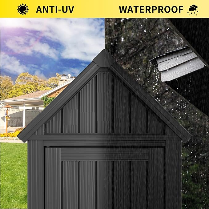Fancyango Outdoor Resin Storage Shed, Upgrade Sturdy Storage Cabinet with Removable Shelves and Lock Ring, Reinforced Floor, All-Weather Construction for Garden Patio Lawn (Black)
