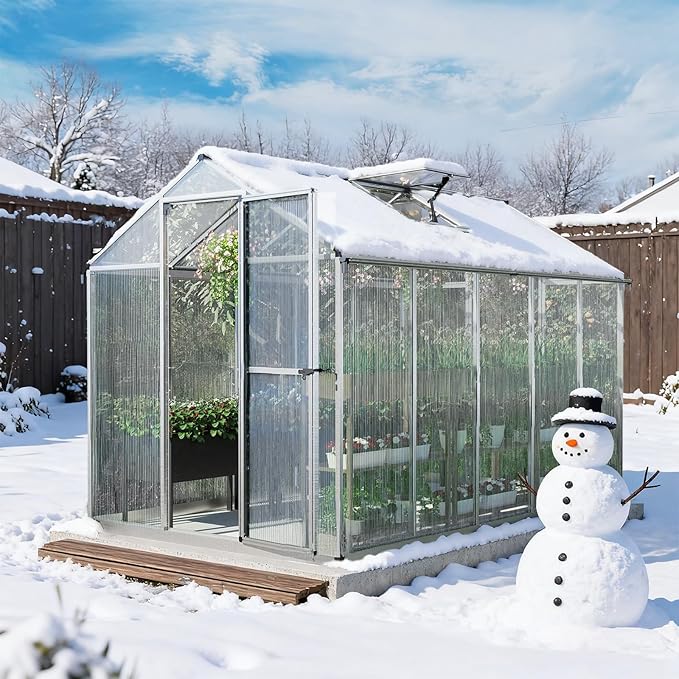 Aoodor 6 x 10 Ft Walk-in Greenhouse with Gutter, Polycarbonate and Heavy-Duty Aluminum Frame, Adjustment Skylight and Lockable 2-Sided Door for Patio, Outdoor, Yard, Lawn Use, Silver
