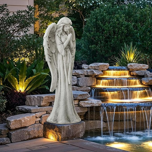 Ultym Praying Angel Statue for Outdoor Garden, 26.4 Inch Large Heavenly Memorial Sculpture,Durable MGO Stone Standing Angels for Yard, Patio or Cemetery Decor,Offering Comfort & Peace, Antique White