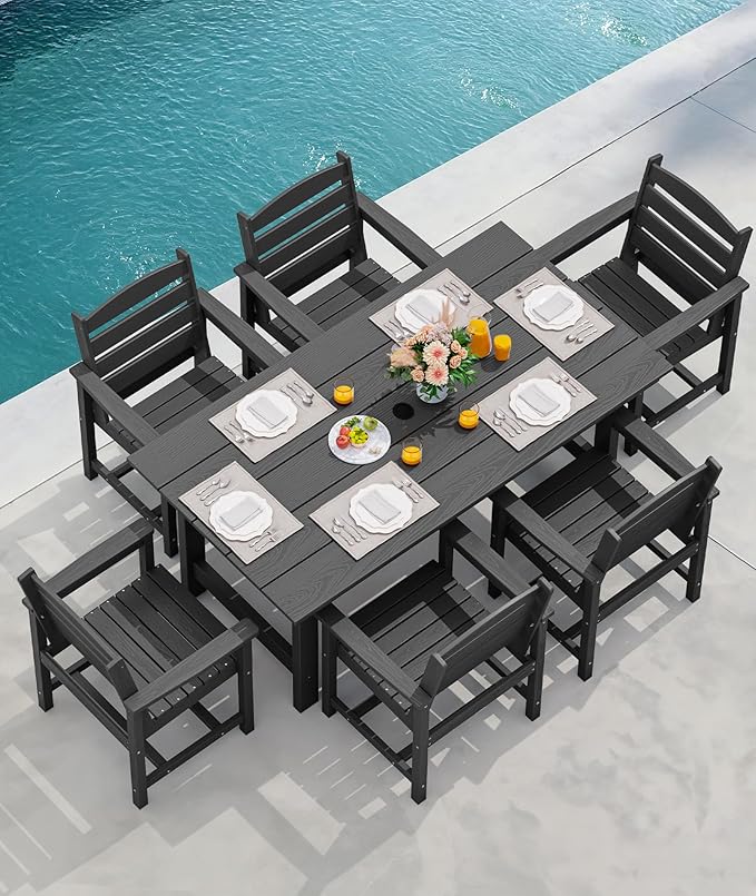 SERWALL Outdoor Dining Set for 6, HDPE Outdoor Furniture with Umbrella Hole & 1 Outdoor Bench & 4 Outdoor Dining Chairs, Black