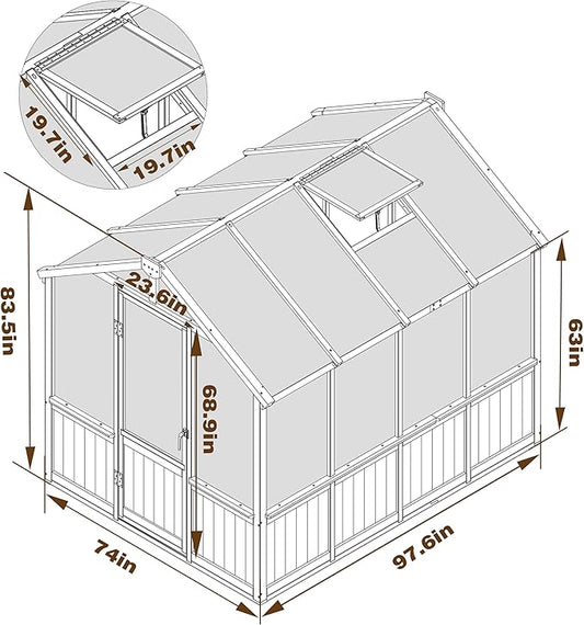 6x8 FT Greenhouse Kit for Outdoor, 6MM Thick Polycarbonate Panel Wooden Walk-in Green House with Lockable Door and Adjustable Roof Vent, Backyard Garden, Light Mocha Brown