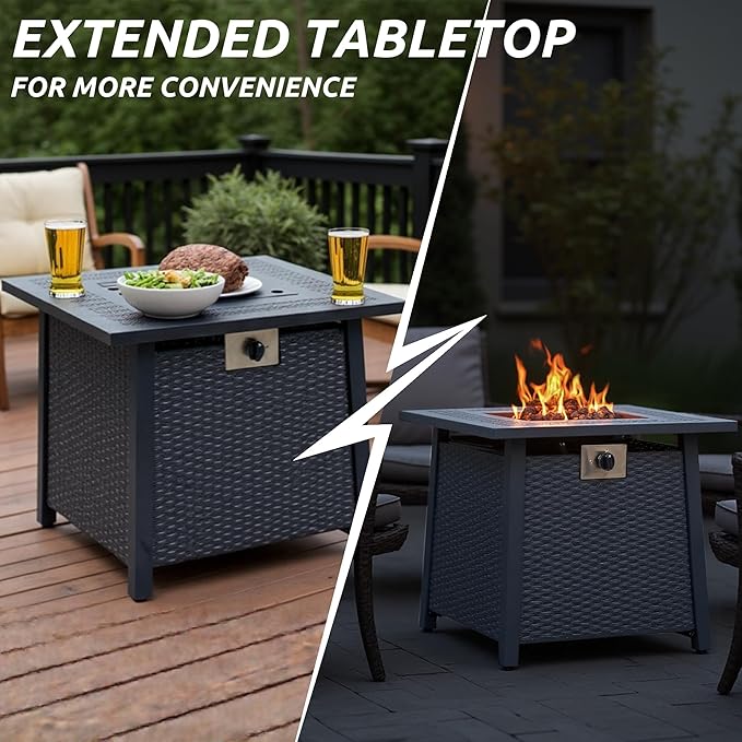 Propane Fire Pit Table,Out Door Fire Pits & Fireplaces,Gas Fire Pit with Lid and Lava Rock.Square Black Fire Pit Table on Patio Deck & Garden Backyard. (Raven Black, 28-inch)