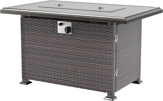 43" Wicker Outdoor Propane Gas Fire Pit Table with Rectangle Fire Pit Lid,55000 BTU Auto-Ignition Table Fire Pit w/Glass Wind Guard, Glass Rock for Outdoor,ETL Certified