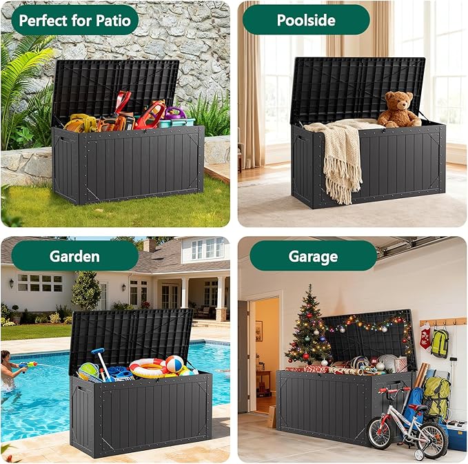 Outdoor Storage Box, 100 Gallon Deck Box Outdoor Storage Bench Outside Waterproof Resin Storage Bench, Lockable Patio Cushions, Garden Tools Storage For Furniture, UV Resistant(Black)