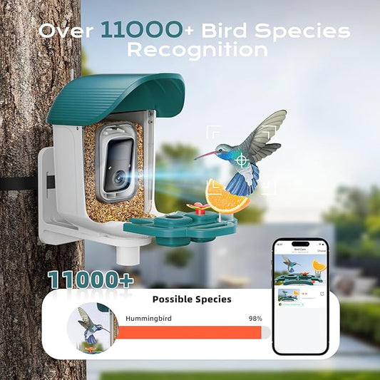 Bird Feeder with Camera, Solar Powered Outdoor Birdhouse, AI Smart Identify 10000+ Birds Species, Instant Motion Detection & Alerts, Watching & Capture BirdVideo, Gifts for Bird-Lovers(Cyan-Blue)