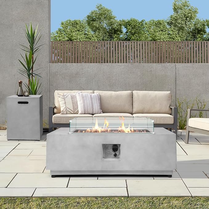 42inch Rectangle Concrete Fire Pit Table with Propane Tank Cover Wind Guard - 3 Piece Patio Firepits 50,000 BTU, Stainless Steel Burner Steel Lid Lava Rocks and Rain Cover