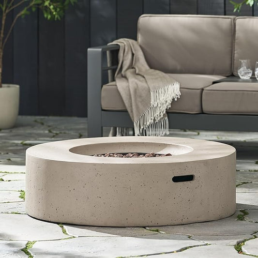 Outdoor Propane Fire Pit Table for Outside Patio, 39 Inch Concrete Fire Pit Table, Round Gas Fire Pit for Garden, Pool, Backyard, 50,000 BTU, Free Lava Rocks, Light Gray