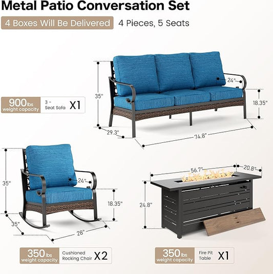4 Piece Black Metal Outdoor Patio Furniture Sets with Firepit Table, Patio Conversation Sets 1 3-Seater Sofa 2 Rocking Sofa with 5.75" Thick Cushion Backyard Furniture for Deck, Blue-2