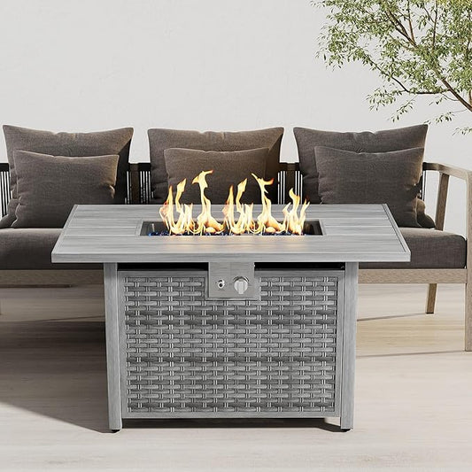 30" Round Propane Fire Pit Table - 50K BTU with Lid, Rocks Tank Storage and Cover - Round Gas Fire Pits for Outside Patio - Outdoor Table with Firepit (Grey, 43" Rectangular)